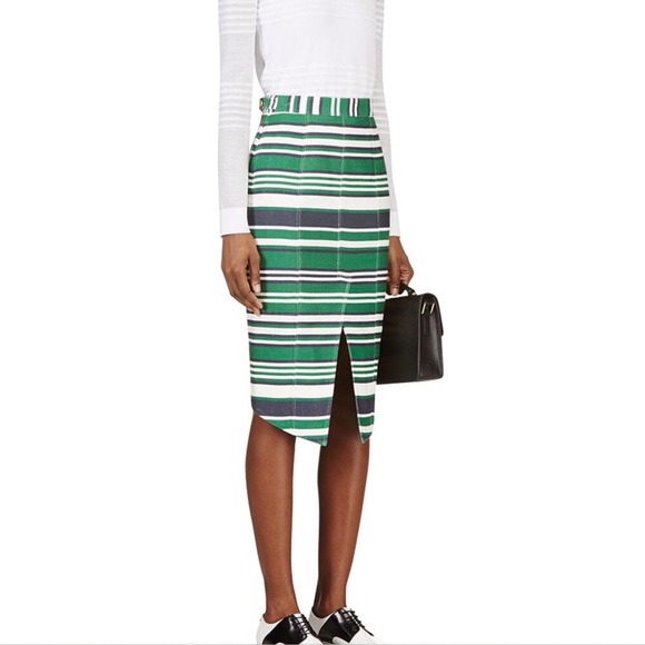 Thom Browne Angled-Hem Pique Striped Pencil Skirt - Picture 2 of 15